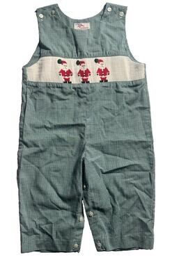 Silly Goose 18M Boys Hand Smocked Santa Christmas Green Gingham Longall